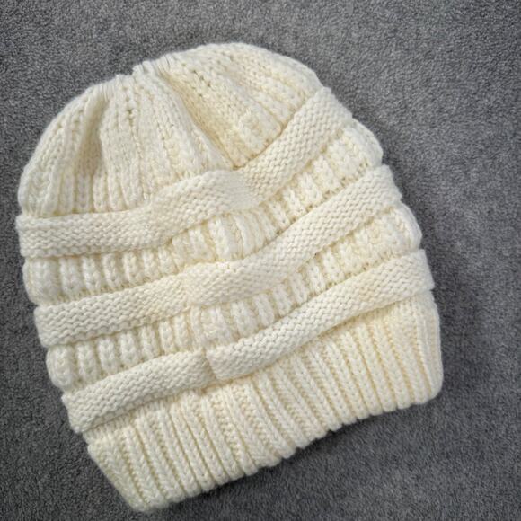 C.C. Cream Beanie Hat Winter Ponytail Hole Ribbed Knit - Picture 4 of 4